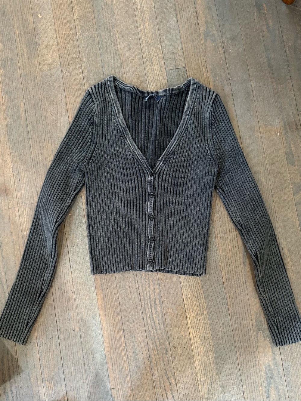 GAP Ribbed V-Neck Button-Front Sweater - Charcoal Gray
